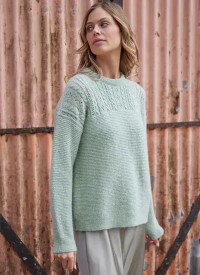 Fisherman Alpaca Eyelet Stitch Crew Neck Sweater